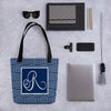 Modern Calligraphy Capital R Fancy, Basketweave Pattern, White on Navy Blue, Custom Tote bag