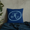Modern Calligraphy Capital M Fancy, Navy Blue Background, Light Blue M and Ovals, Custom Premium Pillow