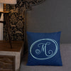 Modern Calligraphy Capital M Fancy, Navy Blue Background, Light Blue M and Ovals, Custom Premium Pillow