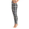Tiki Uneven Grid Yoga Leggings--White Grid on Black Background with Contrast Waistband