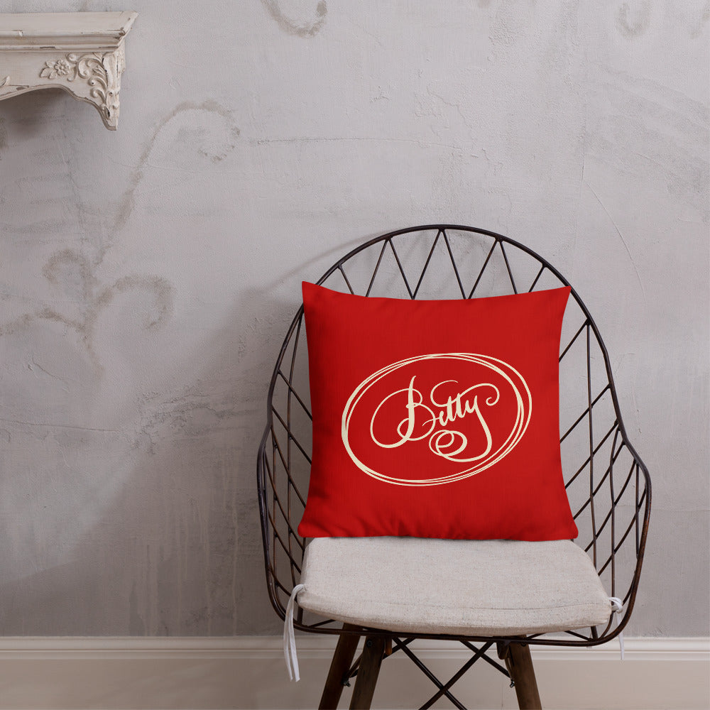 Modern Calligraphy Betty Fancy Cream on Red Cream Ovals Custom Premium Pillow