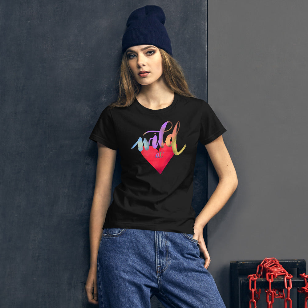 Wild At Heart With Large Red Heart, Multi-Color Hand Lettering, Modern Calligraphy, Graphic Design, Women's short sleeve t-shirt